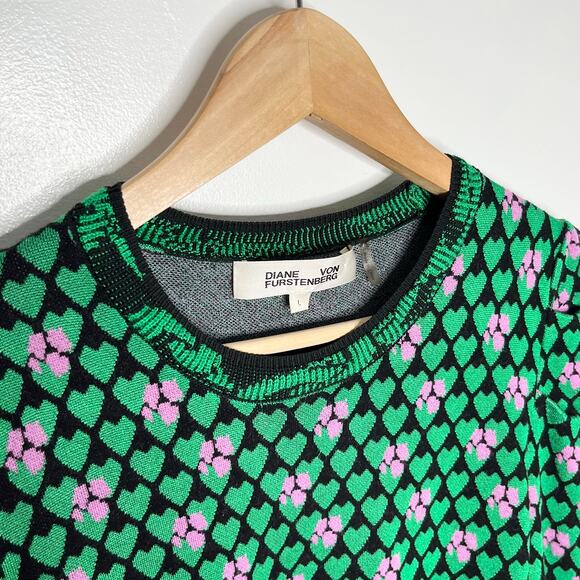 Diane von Furstenberg  Roberta Sweater Women Large Green Purple Print Wool Blend - Picture 7 of 10